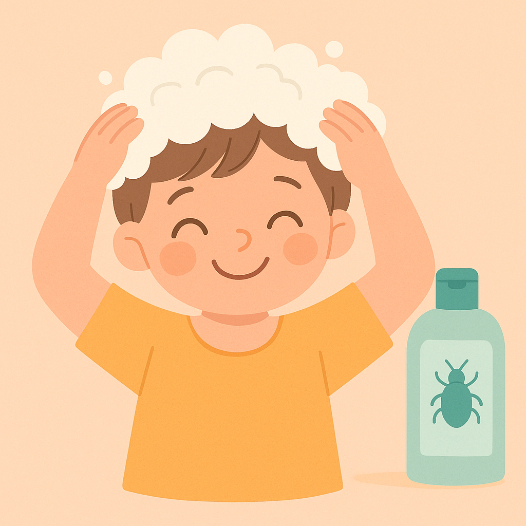 Illustratie van een blij kind dat zijn haar wast met luizenshampoo